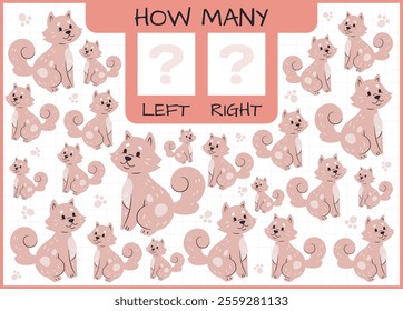 Dog icons. Counting pets. Workbook test. Kids preschool worksheet. How many animals. Math calculation. Finding identical cartoon puppies. Sorting quiz. Children game. Vector educational puzzle design