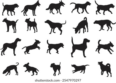 Dog icons for different Breeds.Hunting hound dog silhouettes in editable vector. Foxhound and dogs in multiple poses and positions for designing online games, poster or flyer for media and web. eps 10