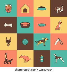 Dog icons flat line set with walking animal paw canine face isolated vector illustration