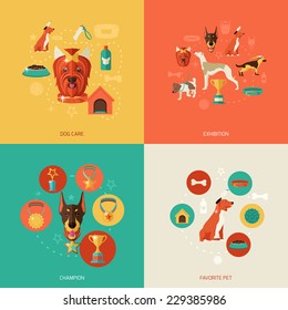 Dog icons flat set with dog care exhibition champion favorite pet isolated vector illustration