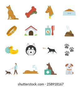 Dog Icons Flat Set With Dung Kennel Leash Food Bowl Isolated Vector Illustration