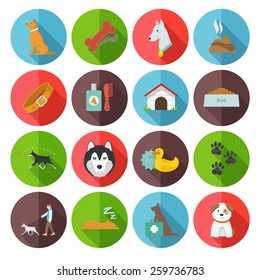 Dog icons flat set with dung garbage puppy walking isolated vector illustration