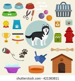 Dog icons flat set with dung kennel leash food bowl