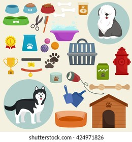 Dog icons flat set with dung kennel leash food bowl