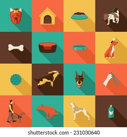 Dog icons flat set with grooming pet care collar house isolated vector illustration