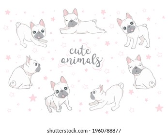 Dog icons, French bulldog, vector illustration, dog doodles, on white background.