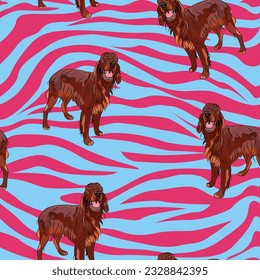 Dog icons original fabric. Elegant, soft seamless background, abstract pattern with Irish setter dog shapes for Dog Lovers. Bright pink and blue zebra. Birthday present wrapping paper.