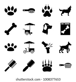 Dog icons. set of 16 editable filled dog icons such as hair brush, paw, fast food cart, bone, broken leg or arm, animal paw, dog, wolf