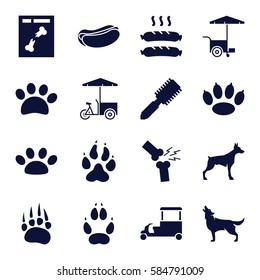 dog icons set. Set of 16 dog filled icons such as animal paw, wolf, hair brush, fast food cart, x ray, broken leg or arm, sausage