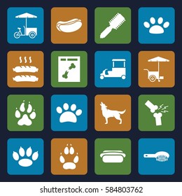 dog icons set. Set of 16 dog filled icons such as animal paw, wolf, hair brush, hot dog, fast food cart, x ray, broken leg or arm, sausage