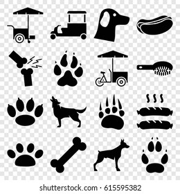 Dog icons set. set of 16 dog filled icons such as animal paw, wolf, hair brush, fast food cart, broken leg or arm, sausage, paw