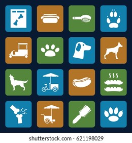 Dog icons set. set of 16 dog filled icons such as wolf, animal paw, hair brush, fast food cart, x ray, broken leg or arm, sausage