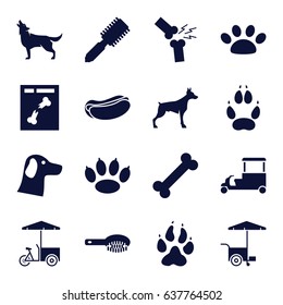 Dog icons set. set of 16 dog filled icons such as animal paw, wolf, hair brush, fast food cart, x ray, broken leg or arm, paw svg