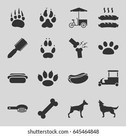 Dog icons set. set of 16 dog filled icons such as animal paw, wolf, hair brush, fast food cart, broken leg or arm, sausage, paw