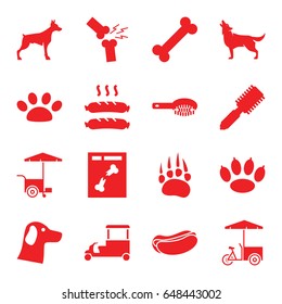 Dog icons set. set of 16 dog filled icons such as animal paw, wolf, hair brush, fast food cart, x ray, broken leg or arm, sausage, paw svg