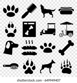 Dog icons set. set of 16 dog filled icons such as animal paw, wolf, hair brush, fast food cart, x ray, sausage, paw