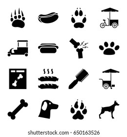 Dog icons set. set of 16 dog filled icons such as animal paw, hair brush, fast food cart, x ray, broken leg or arm, sausage, paw, wolf