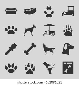 Dog icons set. set of 16 dog filled icons such as animal paw, wolf, hair brush, fast food cart, x ray, broken leg or arm, paw