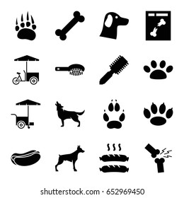 Dog icons set. set of 16 dog filled icons such as animal paw, wolf, hair brush, fast food cart, x ray, broken leg or arm, sausage, paw