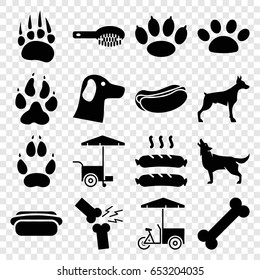 Dog icons set. set of 16 dog filled icons such as animal paw, wolf, hair brush, fast food cart, broken leg or arm, sausage, paw