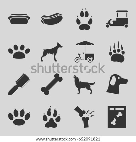 Dog icons set. set of 16 dog filled icons such as animal paw, wolf, hair brush, fast food cart, x ray, broken leg or arm, paw