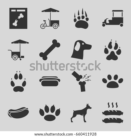 Dog icons set. set of 16 dog filled icons such as animal paw, fast food cart, x ray, broken leg or arm, sausage, paw, wolf