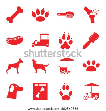 Dog icons set. set of 16 dog filled icons such as animal paw, wolf, hair brush, fast food cart, x ray, broken leg or arm, paw