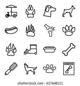 Dog icons set. set of 16 dog outline icons such as animal paw, wolf, hair brush, fast food cart, x ray, broken leg or arm, paw