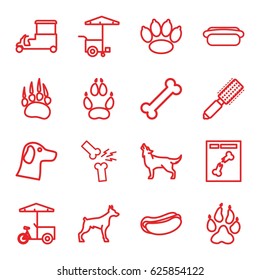 Dog icons set. set of 16 dog outline icons such as animal paw, wolf, hair brush, fast food cart, x ray, broken leg or arm