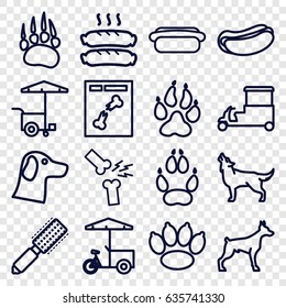 Dog icons set. set of 16 dog outline icons such as animal paw, wolf, hair brush, fast food cart, x ray, broken leg or arm, sausage