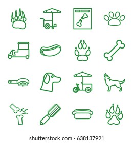 Dog icons set. set of 16 dog outline icons such as animal paw, wolf, hair brush, hot dog, fast food cart, x ray, broken leg or arm, paw