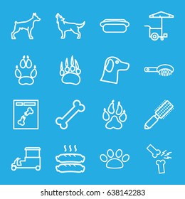 Dog icons set. set of 16 dog outline icons such as animal paw, wolf, hair brush, fast food cart, x ray, broken leg or arm, sausage, paw