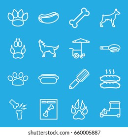 Dog icons set. set of 16 dog outline icons such as animal paw, wolf, hair brush, fast food cart, x ray, broken leg or arm, sausage, paw