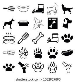 Dog icons. set of 25 editable filled and outline dog icons such as animal paw, wolf, paw, fast food cart, x ray, broken leg or arm, hair brush, bone