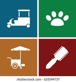Dog icons set. set of 4 dog filled icons such as hair brush, fast food cart