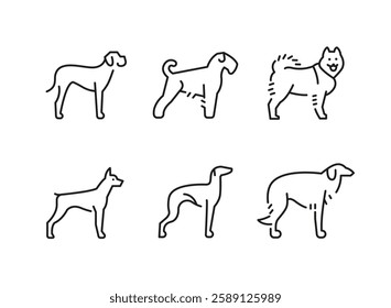 Dog icons. Set of 6 dog trendy minimal icons. Examples include dachshund, bulldog, poodle, husky icons. Design signs for web page, mobile app, packaging design. Vector illustration.