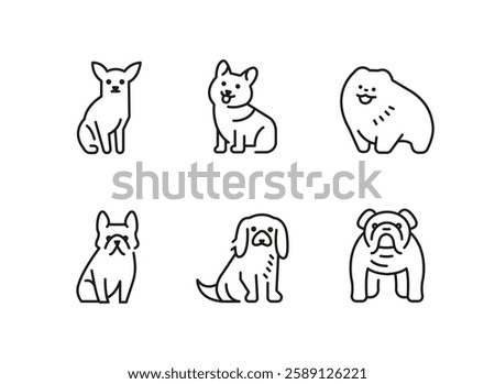 Dog icons. Set of 6 dog trendy minimal icons. Examples include dachshund, bulldog, poodle, husky, and chihuahua icons. Design signs for web page, mobile app, packaging design. Vector illustration.
