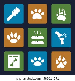 dog icons set. Set of 9 dog filled icons such as animal paw, hair brush, x ray, broken leg or arm, sausage