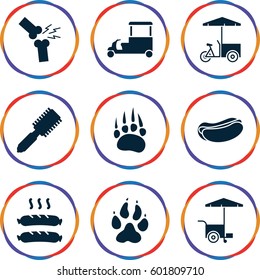 dog icons set. Set of 9 dog filled icons such as animal paw, hair brush, hot dog, fast food cart, broken leg or arm