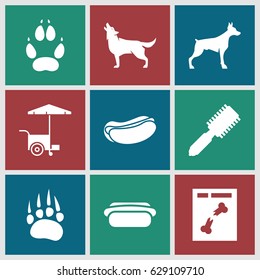 Dog icons set. set of 9 dog filled icons such as animal paw, wolf, hair brush, fast food cart