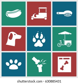 Dog icons set. set of 9 dog filled icons such as animal paw, hair brush, hot dog, fast food cart, x ray, broken leg or arm, paw