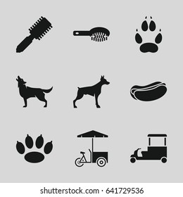 Dog icons set. set of 9 dog filled icons such as wolf, animal paw, hair brush, fast food cart