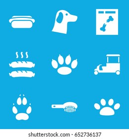 Dog icons set. set of 9 dog filled icons such as animal paw, hair brush, fast food cart, x ray, sausage, hot dog, paw