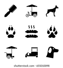 Dog icons set. set of 9 dog filled icons such as animal paw, dog, hair brush, fast food cart, sausage