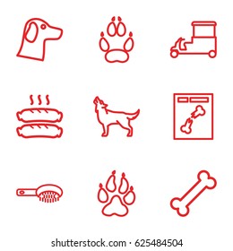 Dog icons set. set of 9 dog outline icons such as animal paw, wolf, hair brush, fast food cart, x ray, sausage