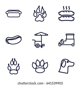 Dog icons set. set of 9 dog outline icons such as animal paw, hot dog, fast food cart, sausage, paw