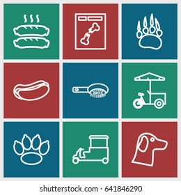 Dog icons set. set of 9 dog outline icons such as animal paw, hair brush, hot dog, fast food cart, x ray, sausage, paw