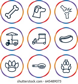 Dog icons set. set of 9 dog outline icons such as animal paw, hair brush, hot dog, fast food cart, broken leg or arm, paw, wolf