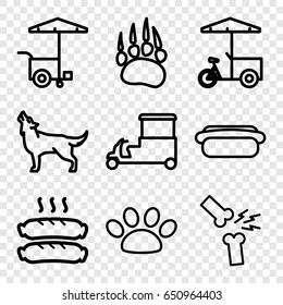Dog icons set. set of 9 dog outline icons such as animal paw, wolf, fast food cart, broken leg or arm, sausage, hot dog