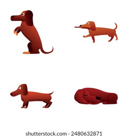 Dog icons set cartoon vector. Dachshund dog in action. Cartoon character